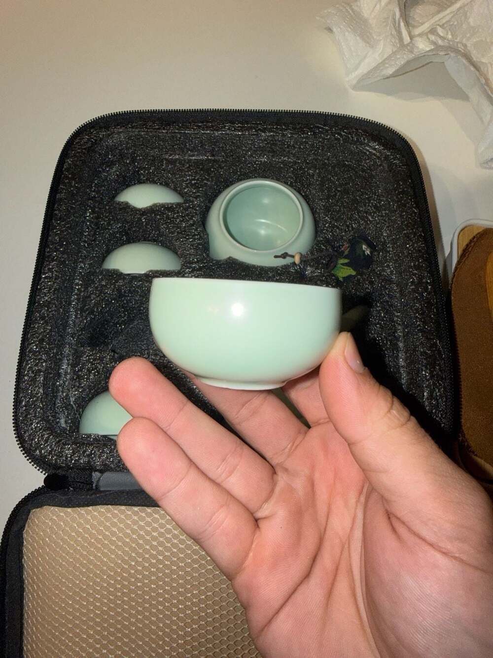 Portable Celadon Ceramic Travel Tea Set with Teapot, 4 Cups, and Bamboo Tray - Picture 5 of 5